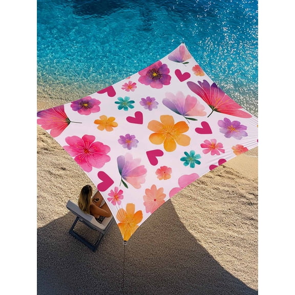 Outdoor Sun Shade Sail 8'x10', Colorful Flowers Patio Beach Shade Canopy Cloth Waterproof, Spring Watercolor Love Heart Floral Pink TearResistant & UV Protection Sun Sail for Backyard Garden Deck