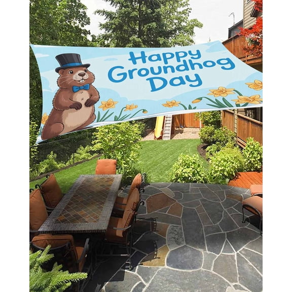 Outdoor Sun Shade Sail 8'x10', Happy Groundhog Day Patio Beach Shade Canopy Cloth Waterproof, Cartoon Cute Ground Hog Flowers Sky Blue TearResistant & UV Protection Sun Sail for Backyard Garden Deck