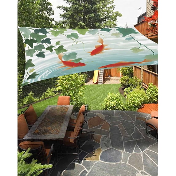 Outdoor Sun Shade Sail 8'x10', Japanese Carp Fish Patio Beach Shade Canopy Cloth Waterproof, Oriental Art Rustic Leaves Vines Koi Fish TearResistant & UV Protection Sun Sail for Backyard Garden Deck
