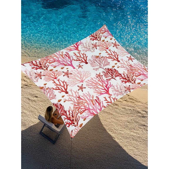 Outdoor Sun Shade Sail 8'x10', Nautical Coastal Patio Beach Shade Canopy Cloth Waterproof, Summer Sea Coral Starfish Underwater Red TearResistant & UV Protection Sun Sail for Backyard Garden Deck