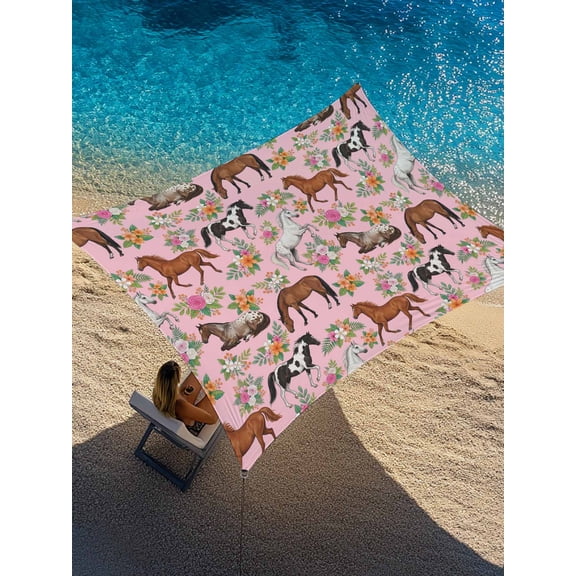 Outdoor Sun Shade Sail 8'x10', Pink Horse Patio Beach Shade Canopy Cloth Waterproof, Rustic Spring Floral Summer Botanical TearResistant & UV Protection Sun Sail for Backyard Garden Deck