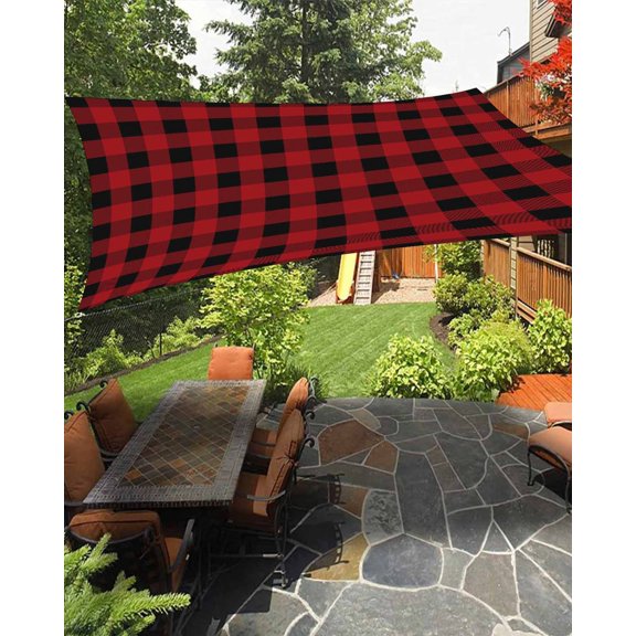 Outdoor Sun Shade Sail 8'x10', Rustic Checkered Patio Beach Shade Canopy Cloth Waterproof, Black Red Buffalo Plaid TearResistant & UV Protection Sun Sail for Backyard Garden Deck