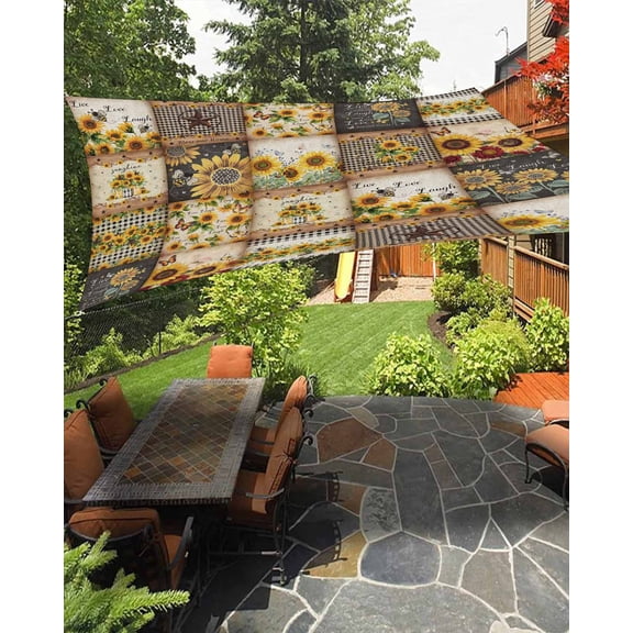 Outdoor Sun Shade Sail 8'x10', Sunflowers Patio Beach Shade Canopy Cloth Waterproof, Farmhouse Vintage Western Texas Star Plaid TearResistant & UV Protection Sun Sail for Backyard Garden Deck