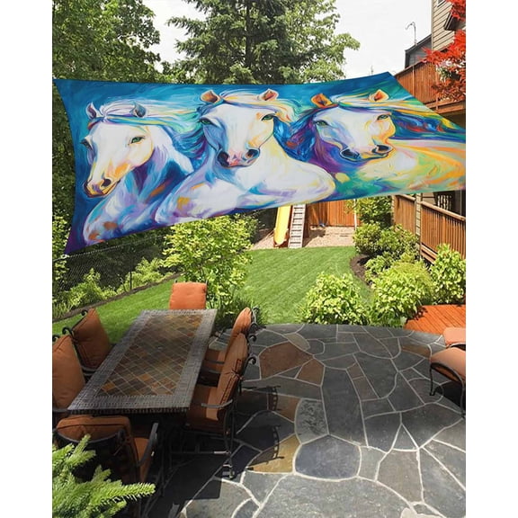 Outdoor Sun Shade Sail 8'x10', Western Horse Patio Beach Shade Canopy Cloth Waterproof, Abstract Oil Painting Animals TearResistant & UV Protection Sun Sail for Backyard Garden Deck
