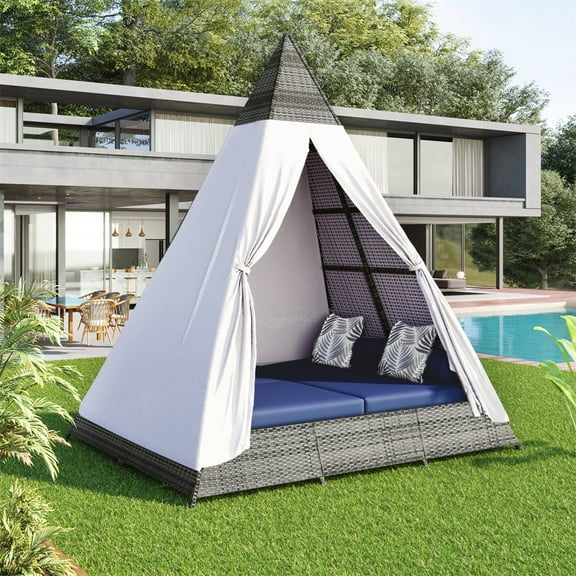 Outdoor Sunbed with Colorful Pillows, 90.5" Wicker Patio Daybed with Cushions, Tent Shape