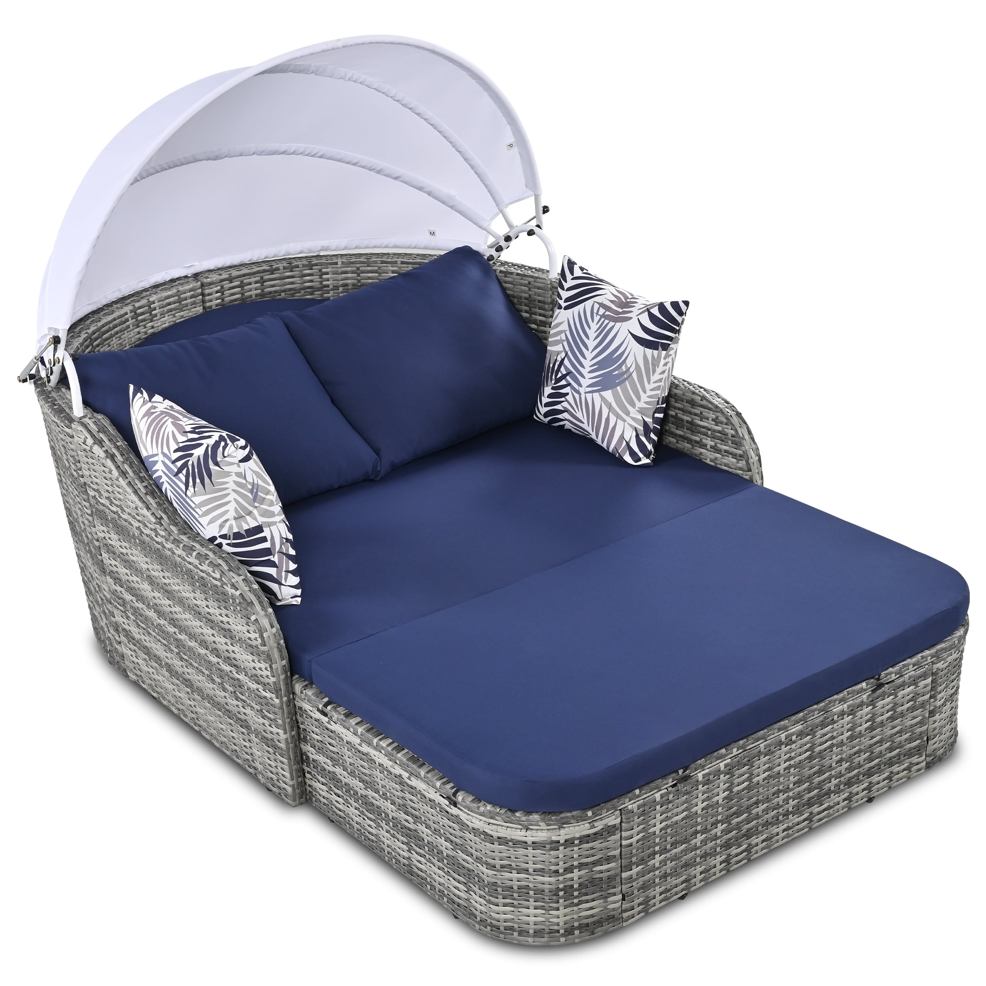 Outdoor Sunbed with Retractable Canopy, PE Rattan Patio Double Lounge ...