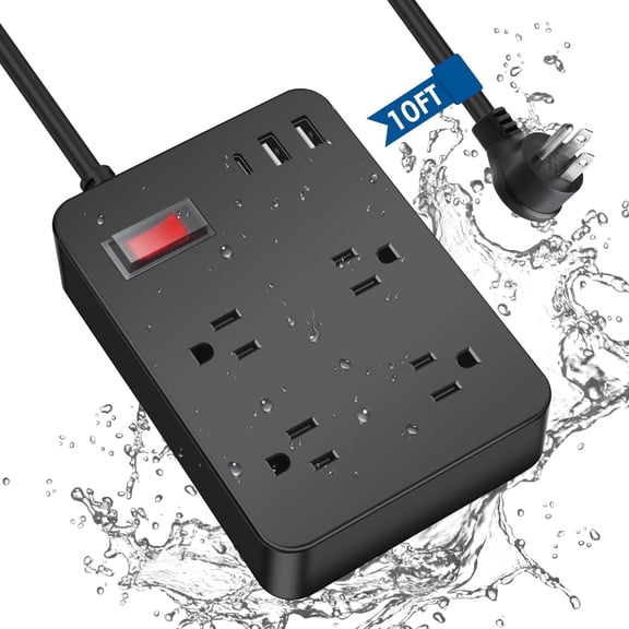 VILONG 10 Foot Outdoor Surge Protrctor Waterproof Power Strip with 3 USB Ports 4 Outlets, 45°Flat Plug, Long Extension Cords, ETL Listed
