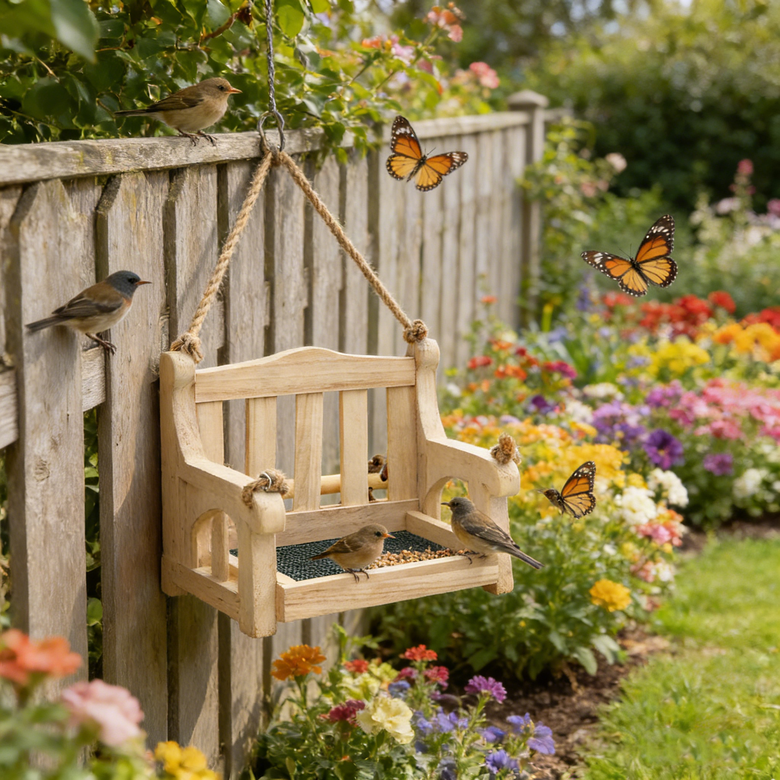 Outdoor Swing Bird Feeder Wood Bench Shaped Bird Feeder for Garden Patio Yard Outdoor Decor