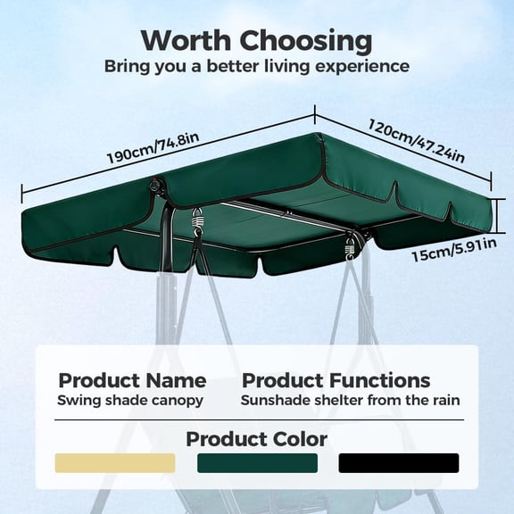 Outdoor Swing Canopy Replacement Top Cover, 2/3 Seater Hammock Cover Top, Universal Waterproof Replacement  Swing Canopy Replacement Cover for Garden Swing Chair  Hammock (Green, Large)
