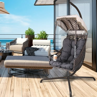 Outdoor Swing Egg Chair with Stand, Patio Wicker Hanging Chair with Sunshade Cloth, Indoor Hammock Chair with Cushion and Pillow for Patio, Balcony