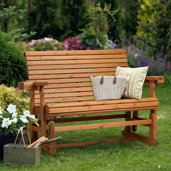 Zimtown Outdoor Swing Glider Chair,2-Person Patio Wooden Glider Bench with Cup Holder, Teak