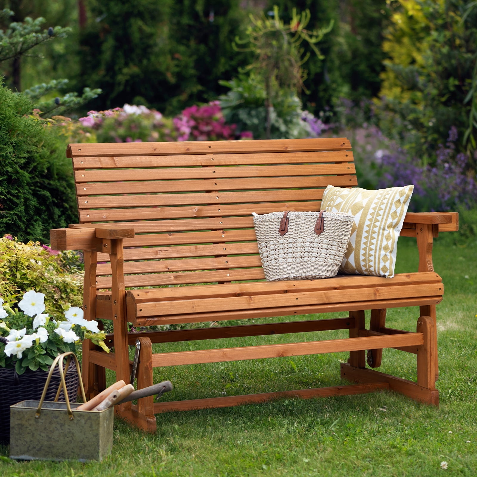 Zimtown 2-Person Patio Wooden Glider Bench, Teak, All-Weather Fir