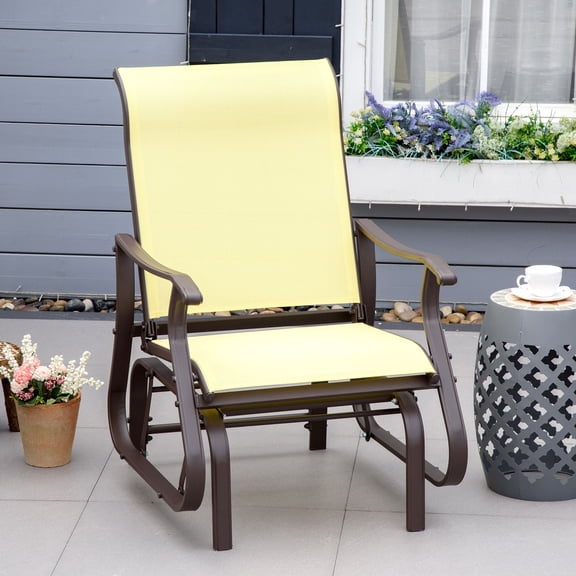 Outdoor Swing Glider Chair for Patio, Steel Mesh Rocking Chair with High Back for Backyard Garden Porch, Beige 330lbs Capacity