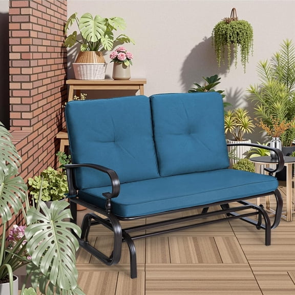 Outdoor Swing Glider Rocking Chair Bench for 2 Person, Garden Loveseat Seating Steel Frame Chair Set with Cushion, Peacock Blue