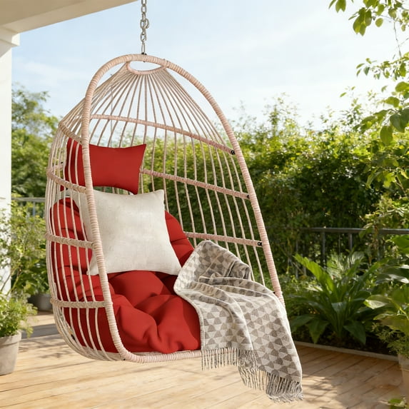 Outdoor Swing Hanging Egg Chair with Stand, Wicker Chair with Cushion, Rattan Lounge Chair, 350 lbs Capacity