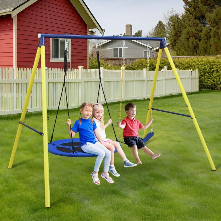 Outdoor Swing Set Flying Saucer Swing Set with Heavy Duty A Frame and Safety Belt 2 Seats Swing Sets with 400LBS Capacity for Backyard Playground