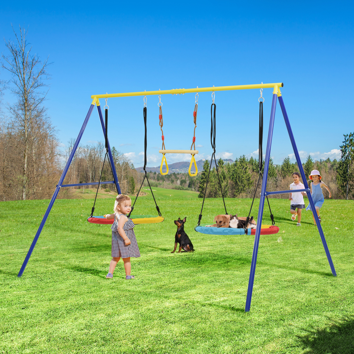 Outdoor Swing Set with Stand, Heavy Duty Metal AFrame Swing with Two