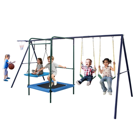 Outdoor Swing Sets 4 in 1 Swing Set With Belt Swing, Hammock Swing, Trampolone,Basket Rim for Backyard,Swing Sets