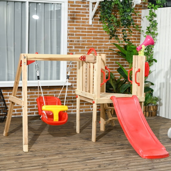 Outdoor Swing Sets Outsunny 4 in 1 Wooden Swing Set Outdoor Playset with Baby Swing Seat, Toddler Slide, Captain's Wheel, Horn, Kids Backyard Playground Equipment, Ages 1.5-4,Swing Sets