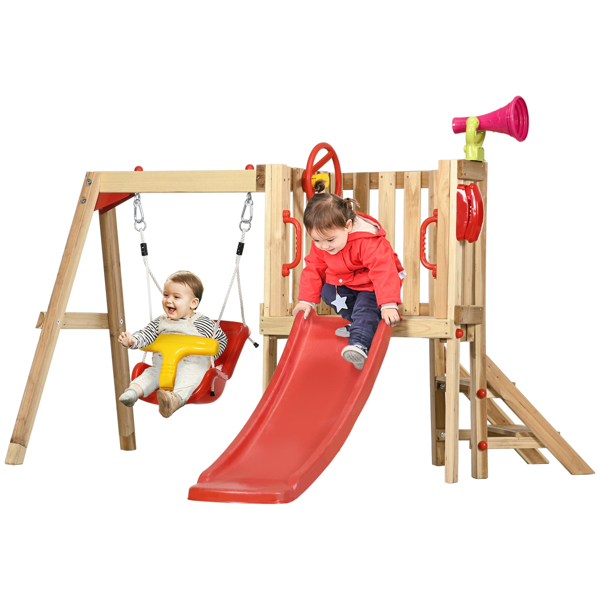 Outdoor Swing Sets Outsunny 4 in 1 Wooden Swing Set Outdoor Playset with Baby Swing Seat, Toddler Slide, Captain's Wheel, Horn, Kids Backyard Playground Equipment, Ages 1.5-4,Backyard Swing Sets