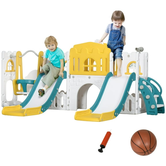Outdoor Swing Sets Qaba 8 in 1 Toddler Slide and Swing Set with 2 Slides, Baby Slide for Ages 1-3 with Basketball Hoop, Climber, Aisle, Steering Wheel, Storage Space, Telescope, Indoor Playground, Ye