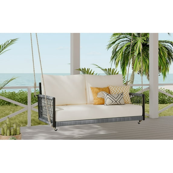 Outdoor Swing Sofa, 51.6" Swing Bench with Woven Rope and Soft Cushions, 2 Seat Hanging Porch Swin with Back Pillow for Backyard Deck Garden, Beige+Black