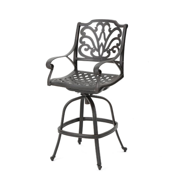Outdoor Swivel Bar Height Chair, Ornate Bronze Aluminum Flared Base