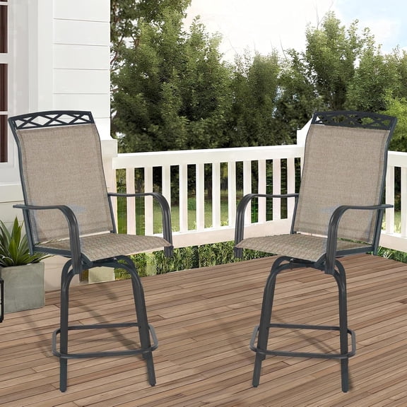 Outdoor Swivel Bar Stools Gen 3, Set of 2 Bar Height, High Back Metal Fabric, Patio Garden, Brown