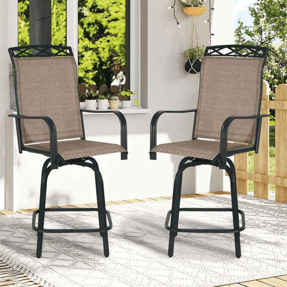 Outdoor Swivel Bar Stools Set of 2, 26.6" Seat Height with Ventilated Metal Backrest& Textilene Fabric, Brown