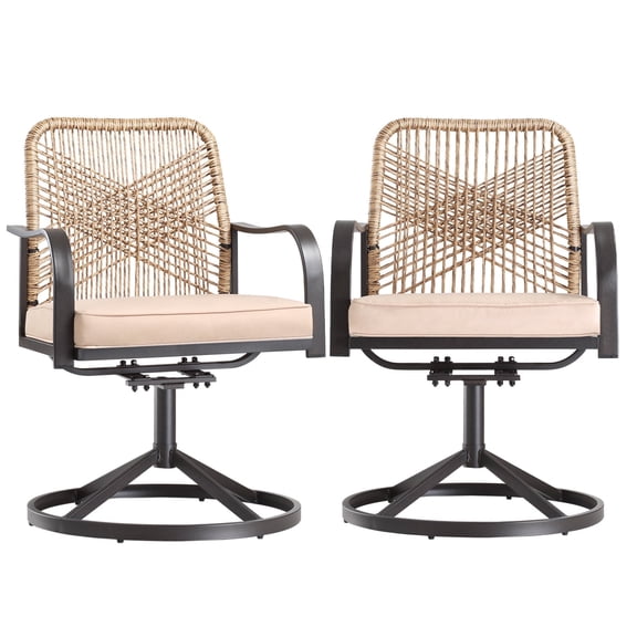 Patio Swivel Chairs Set of 2, Wicker Patio Dining Chair with Cushions and Metal Frame, Swivel Rocker Chair for Outside,Poolside,Lawn (Brown)