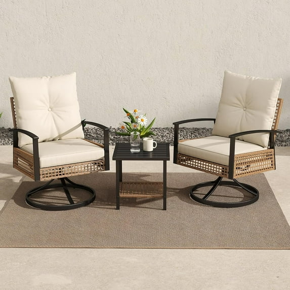 Outdoor Swivel Chairs Set of 2 with Side Table, 3 Pieces Patio Bistro Set with Armrests, High Back Wicker Swivel Rocker Patio Chairs, Modern Patio Conversation Set for Porch/Yard, Beige
