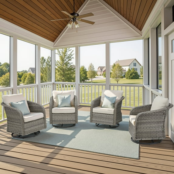 Outdoor Swivel Chairs Set of 4, Rattan Patio Rocker Glider Chairs with Beige Cushions for Porch Balcony Deck Poolside