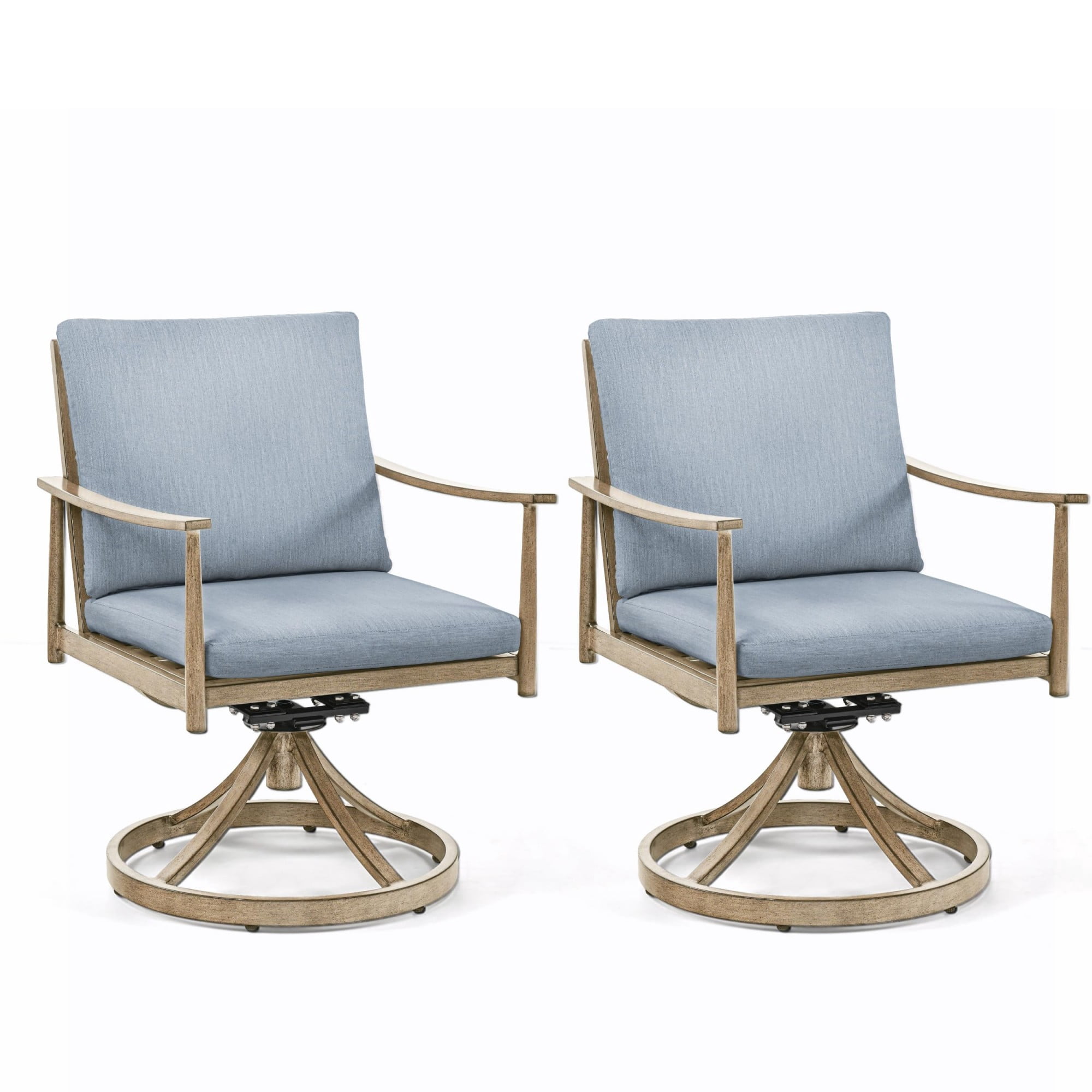 Outdoor Swivel Dining Chairs Set of 2, Aluminum Patio Swivel Chairs with Cushions, 360 Degree Rope Backrest Armrest for Porch Backyard Pool, Brown/Blue