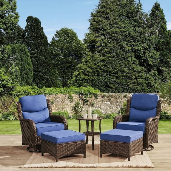 Hillga Outdoor Wicker Swivel Glider Chair Set, Patio Swivel Rocking Chair Blue Cushion 5 Peices