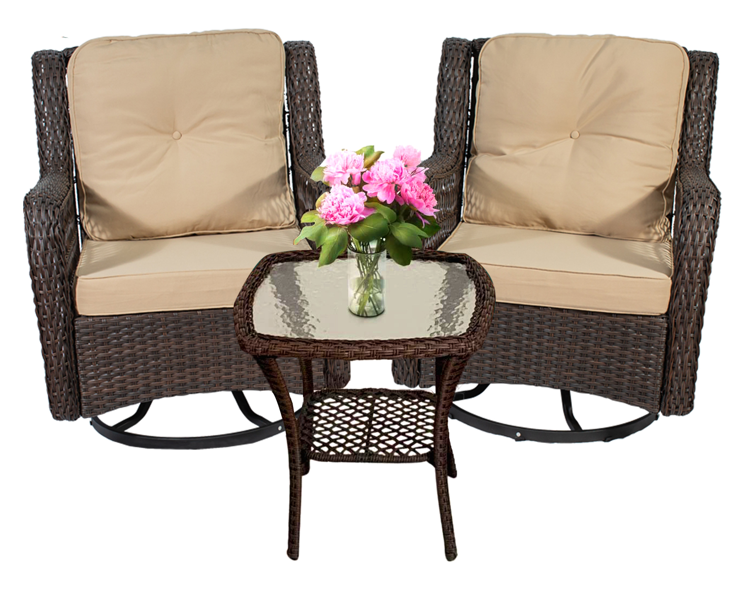 Outdoor Swivel Patio Lounge Chairs 3-Piece Patio Conversation Bistro Set w/Wicker Patio Chairs and Side Table for Small Space Deck Porch 350 LBS Beige - image 1 of 13