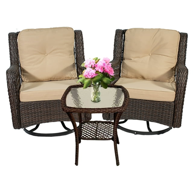 Outdoor Swivel Patio Lounge Chairs 3-Piece Patio Conversation Bistro Set w/Wicker Patio Chairs and Side Table for Small Space Deck Porch 350 LBS Beige