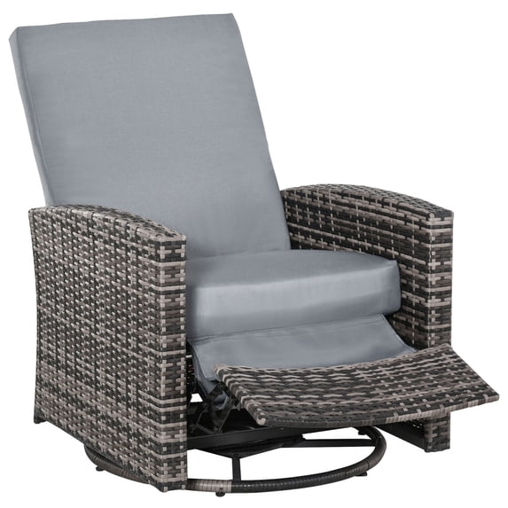 Outdoor Swivel Recliner Chair, Patio Chairs Wicker Swivel Rocker with Reclining Backrest, Lifting Footrest, 360° Rotating Basic and Water Resistant Cushions, Rocking Chair for Patio, Grey