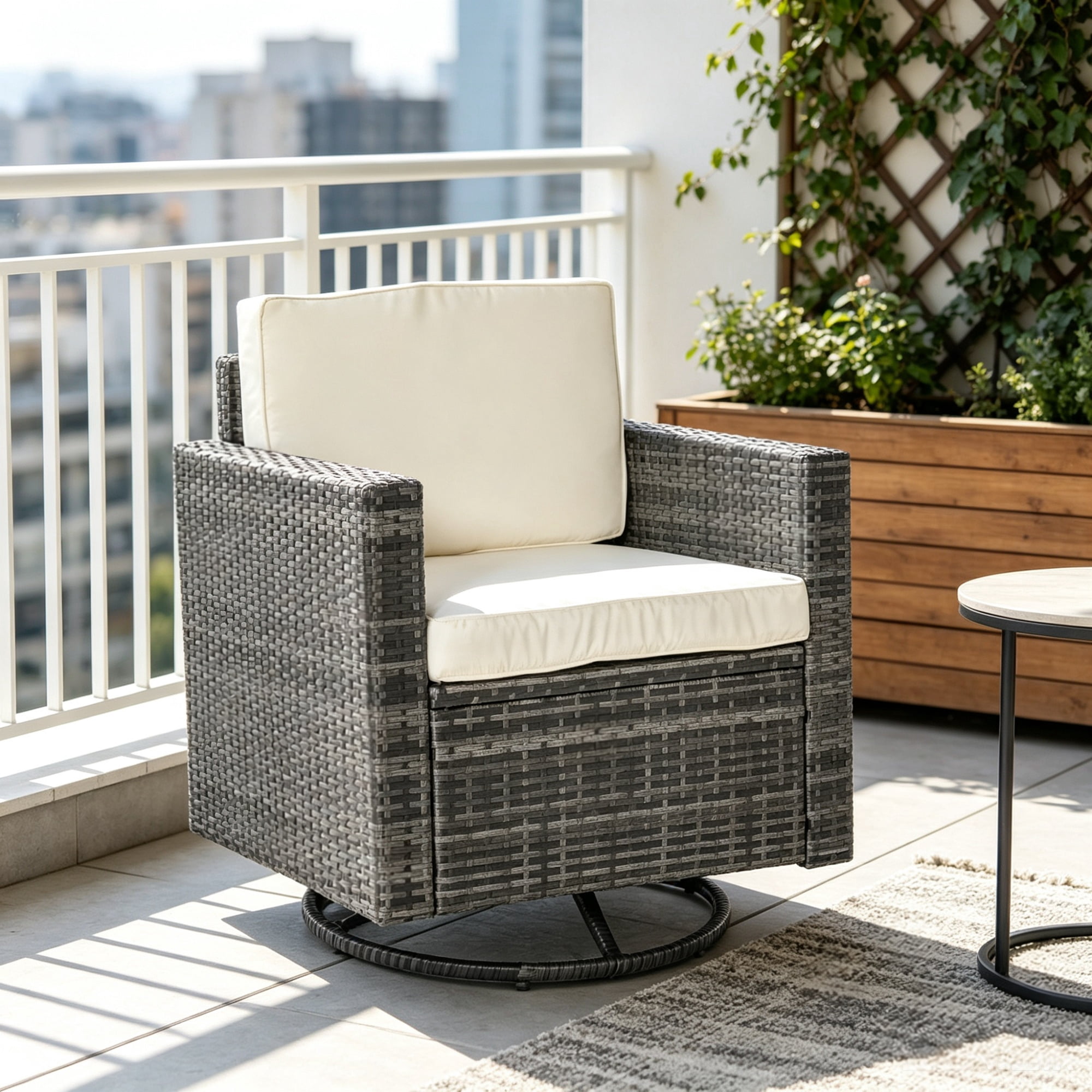 Outdoor Swivel Rocker, 360° Patio Glider Chair for Porch, Backyard, Deck, Cream White PE Wicker