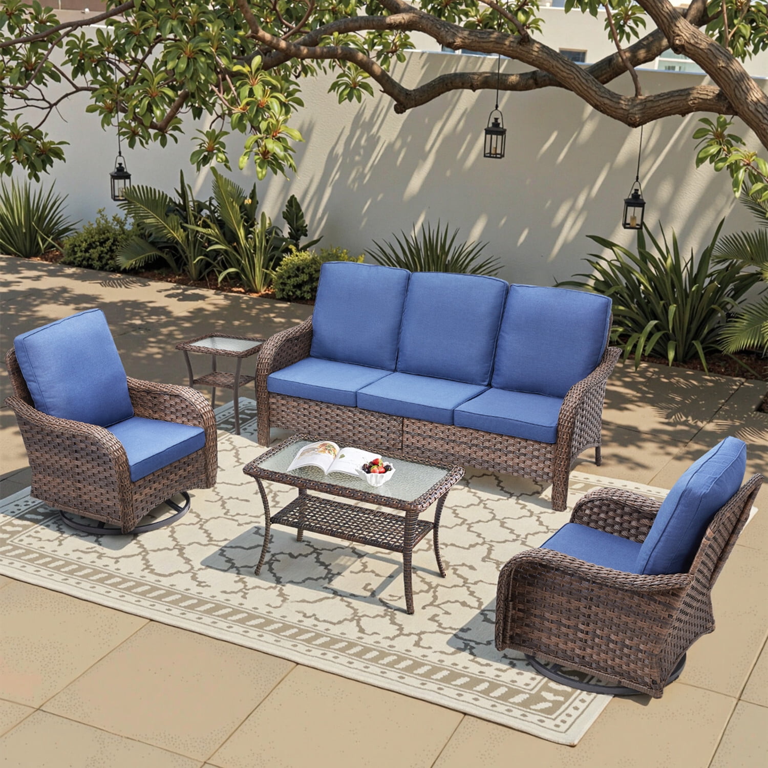 Outdoor Swivel Rocker Patio Chairs Set,5 Piece Furniture Set with 2 Swivel Rocking Chairs, 3-Seat Sofa, Coffee Table & Side Table All Weather Wicker Conversation Set for Porch Deck Garden Backyard