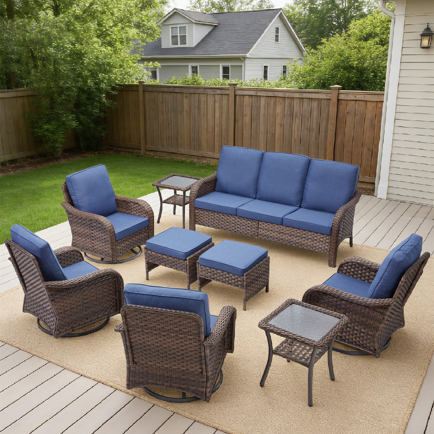 Outdoor Swivel Rocker Patio Chairs Set,9 Piece Furniture Set with 2 Swivel Rocking Chairs, 3-Seat Sofa,Ottoman & Side Table All Weather Wicker Conversation Set for Porch Deck Garden Backyard