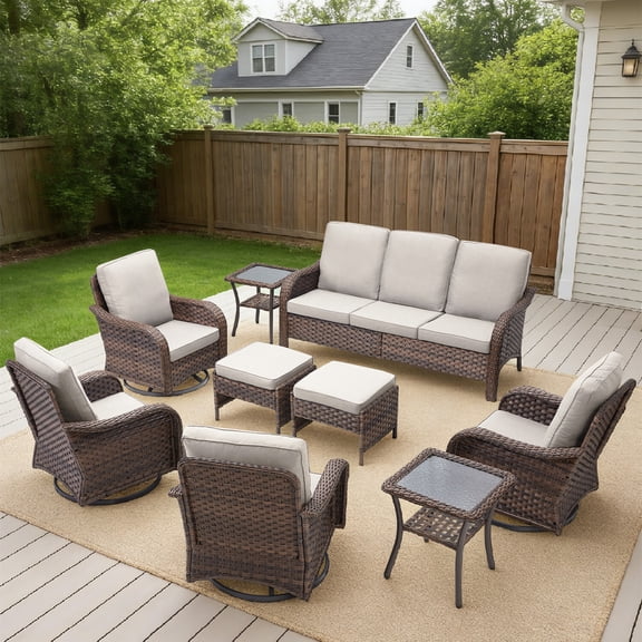 Outdoor Swivel Rocker Patio Chairs Set,9 Piece Furniture Set with 2 Swivel Rocking Chairs, 3-Seat Sofa,Ottoman & Side Table All Weather Wicker Conversation Set for Porch Deck Garden Backyard