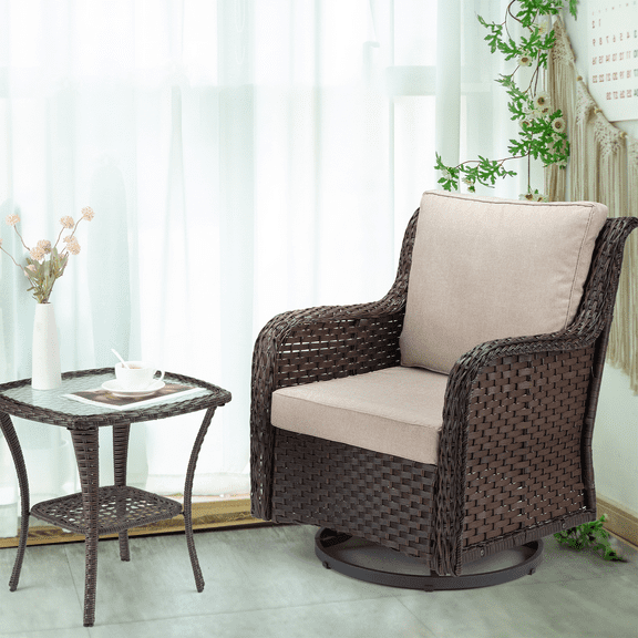 Outdoor Swivel Rocker Patio Chairs Set of 2 with Matching Side Table – 3-Piece Wicker Bistro Set with Premium Fabric Cushions