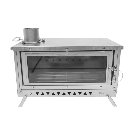 The Outdoor T3 portable foldable camping stove features a glass door with a drawer and a 2.5-meter flue,the 12.9L capacity tent stove is suitable for cooking and heating.