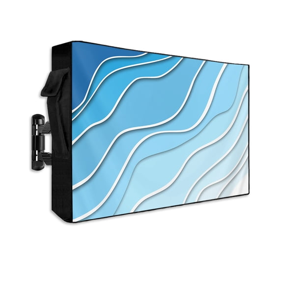 Outdoor TV Cover 30 to 32 Inch Weatherproof, Blue White Beach Coastal Waterproof TV Screen Protector for Outside Decor with Zipper and Pocket 30"L x 19"H , Abstract Geometric Ocean Waves