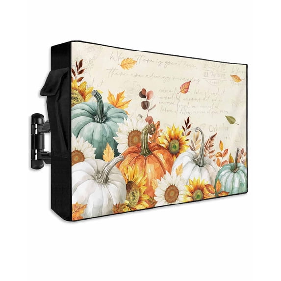 Outdoor TV Cover 30 to 32 Inch Weatherproof, Boho Fall Thanksgiving Waterproof TV Screen Protector for Outside Decor with Zipper and Pocket 30"L x 19"H , Orange White Teal Blue Pumpkins Leaves