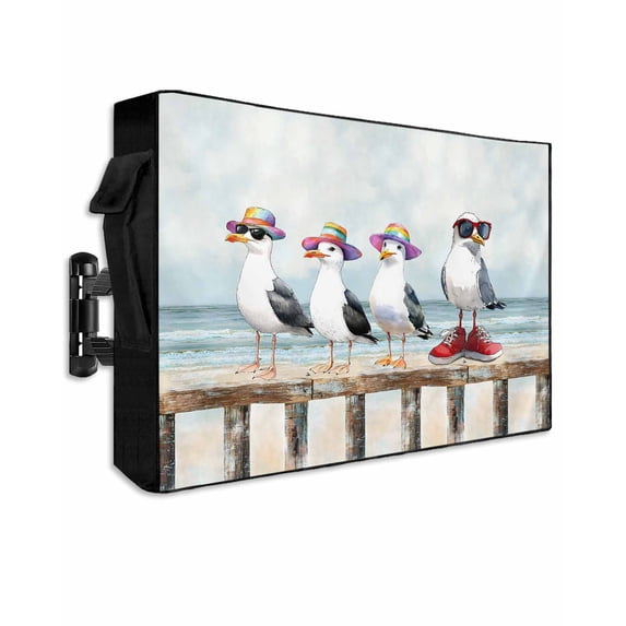 Outdoor TV Cover 30 to 32 Inch Weatherproof, Coastal Funny Waterproof TV Screen Protector for Outside Decor with Zipper and Pocket 30"L x 19"H , Watercolor Seagull Ocean Beach White Aqua