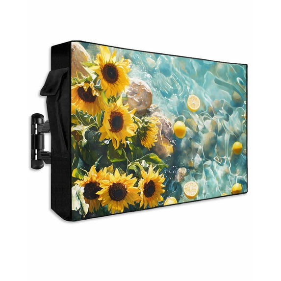 Outdoor TV Cover 30 to 32 Inch Weatherproof, Country Summer Waterproof TV Screen Protector for Outside Decor with Zipper and Pocket 30"L x 19"H , Lake Lemon Sunflower Oil Painting Gold Aqua