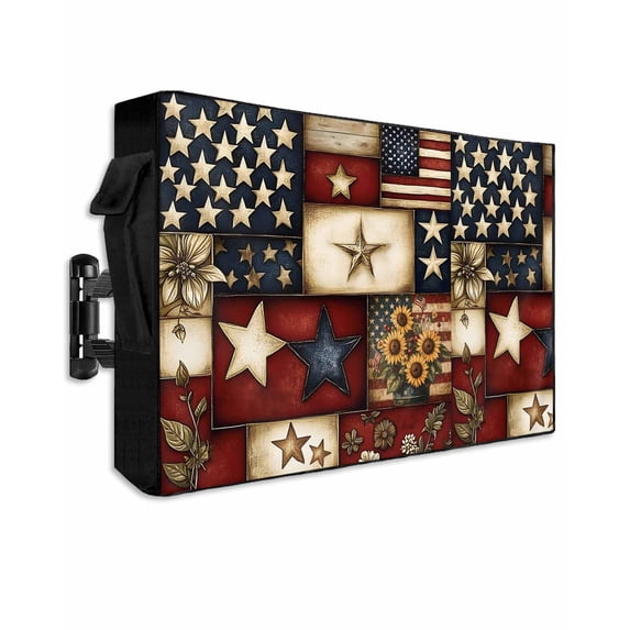 Outdoor TV Cover 30 to 32 Inch Weatherproof, Farmhouse Primitive Barn Stars Waterproof TV Screen Protector for Outside Decor with Zipper and Pocket 30"L x 19"H , Retro American Flag Blue Red