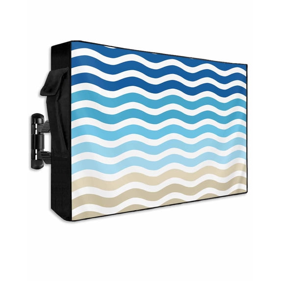 Outdoor TV Cover 30 to 32 Inch Weatherproof, Geometric Beach Striped Pattern Waterproof TV Screen Protector for Outside Decor with Zipper and Pocket 30"L x 19"H , Blue Brown Wave Pattern