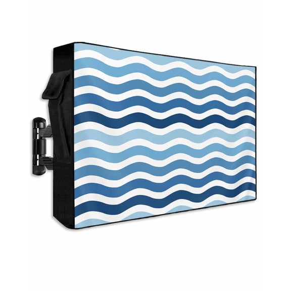Outdoor TV Cover 30 to 32 Inch Weatherproof, Geometric Nautical Striped Pattern Waterproof TV Screen Protector for Outside Decor with Zipper and Pocket 30"L x 19"H , Blue White Wave Pattern